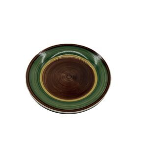 Thompson Pottery Green Brown Yellow Rings Salad Plates 8" Set of 2